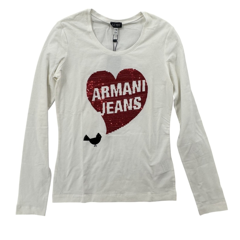 Armani Jeans Shirt Womens Small White Red Heart Sequin Long‎ Sleeve Bird Cotton
